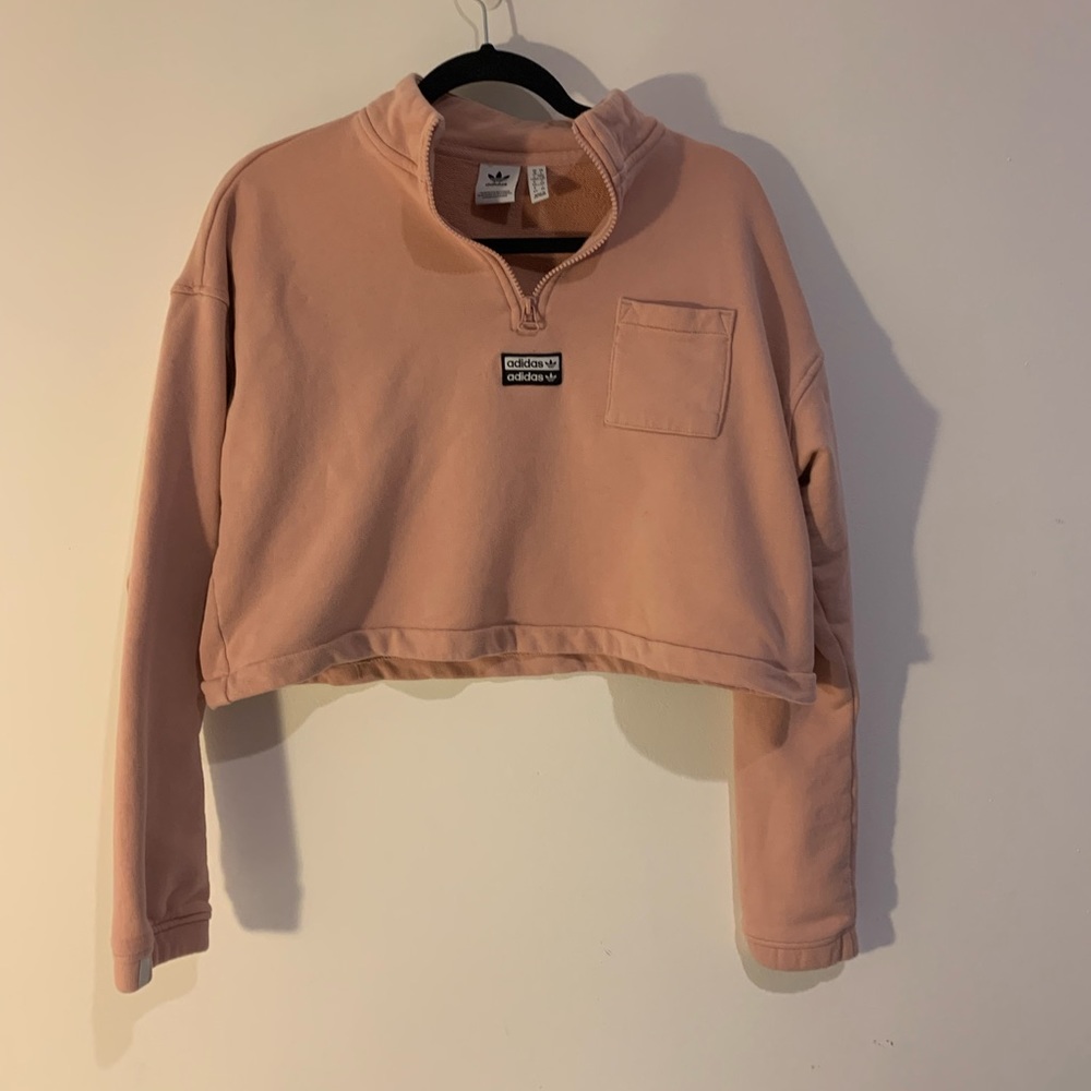 Adidas Women’s Large Cropped 3/4 Zip Sweatshirt pocket on Chest Peach/Apricot